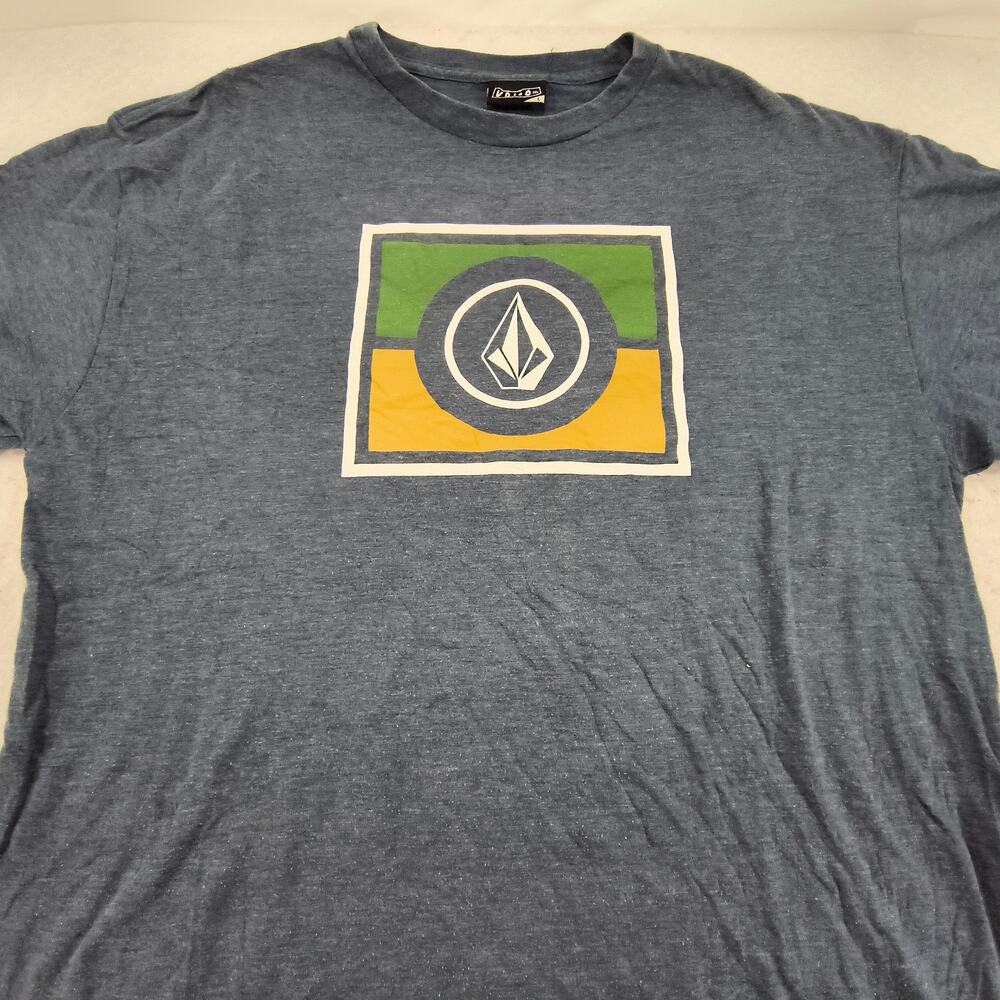 Volcom Crew Neck Short Sleeve Graphic Shirt Mens Size Large L Blue Green Yellow